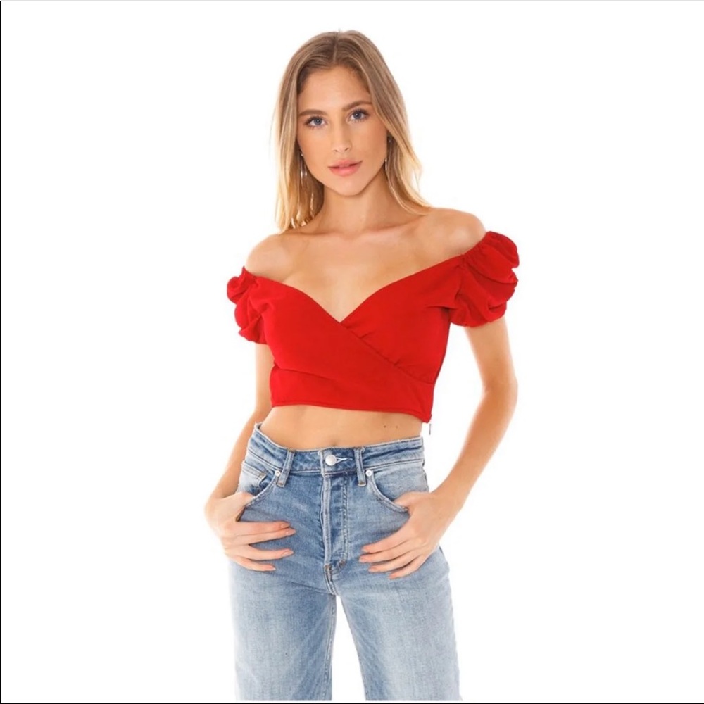 Show Me You Mumu Wrap Crop Top with Puff Sleeves
